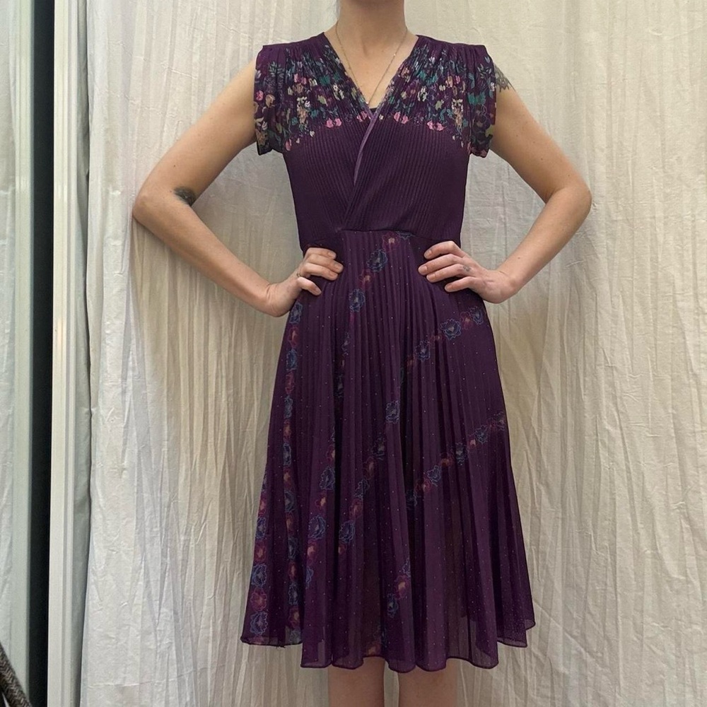 Purple Floral Midi Dress with Micro Pleated Skirt Vintage‎ 70s - Picture 2 of 8